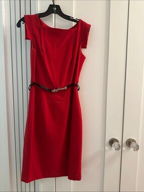 Single Red Cap-Sleeve Midi Dress with Black Belt
